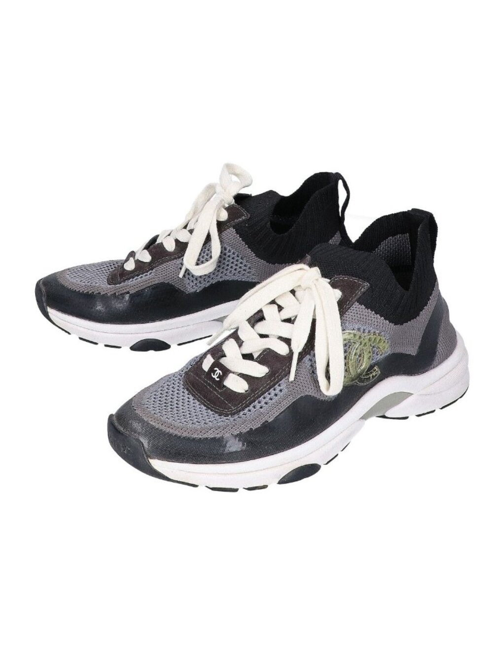 Chanel Black Gray Mesh CC Logo Sneakers